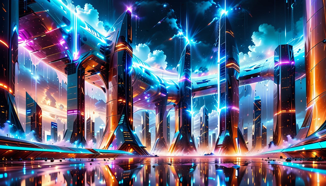 A Masterpiece In 32K Resolution, Supreme Quality, Super Detail, Official Art, Very High-Resolution 32K Wallpaper, Beautiful And Aesthetic, Ultra-Detailed Features, Awe-Inspiring Detail. Gigantic Neon Towers Rise Into The Night Sky, Their Surfaces Reflecting The Light Of The Universe. Electric Rain Falls From A Clouded Sky, Splattering Against The Metallic Streets. A Sleek Spaceship Soars Through The Sky, Leaving Streams Of Light, Futuristic Metropolis Below.