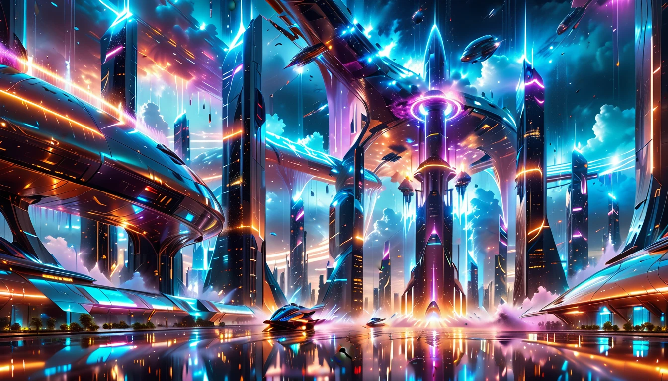 A Masterpiece In 32K Resolution, Supreme Quality, Super Detail, Official Art, Very High-Resolution 32K Wallpaper, Beautiful And Aesthetic, Ultra-Detailed Features, Awe-Inspiring Detail. Gigantic Neon Towers Rise Into The Night Sky, Their Surfaces Reflecting The Light Of The Universe. Electric Rain Falls From A Clouded Sky, Splattering Against The Metallic Streets. A Sleek Spaceship Soars Through The Sky, Leaving Streams Of Light, Futuristic Metropolis Below.