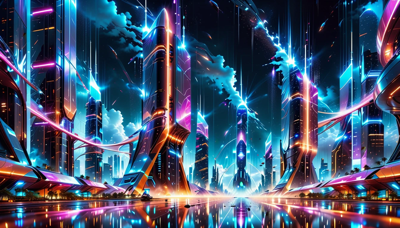 A Masterpiece In 32K Resolution, Supreme Quality, Super Detail, Official Art, Very High-Resolution 32K Wallpaper, Beautiful And Aesthetic, Ultra-Detailed Features, Awe-Inspiring Detail. Gigantic Neon Towers Rise Into The Night Sky, Their Surfaces Reflecting The Light Of The Universe. Electric Rain Falls From A Clouded Sky, Splattering Against The Metallic Streets. A Sleek Spaceship Soars Through The Sky, Leaving Streams Of Light, Futuristic Metropolis Below.