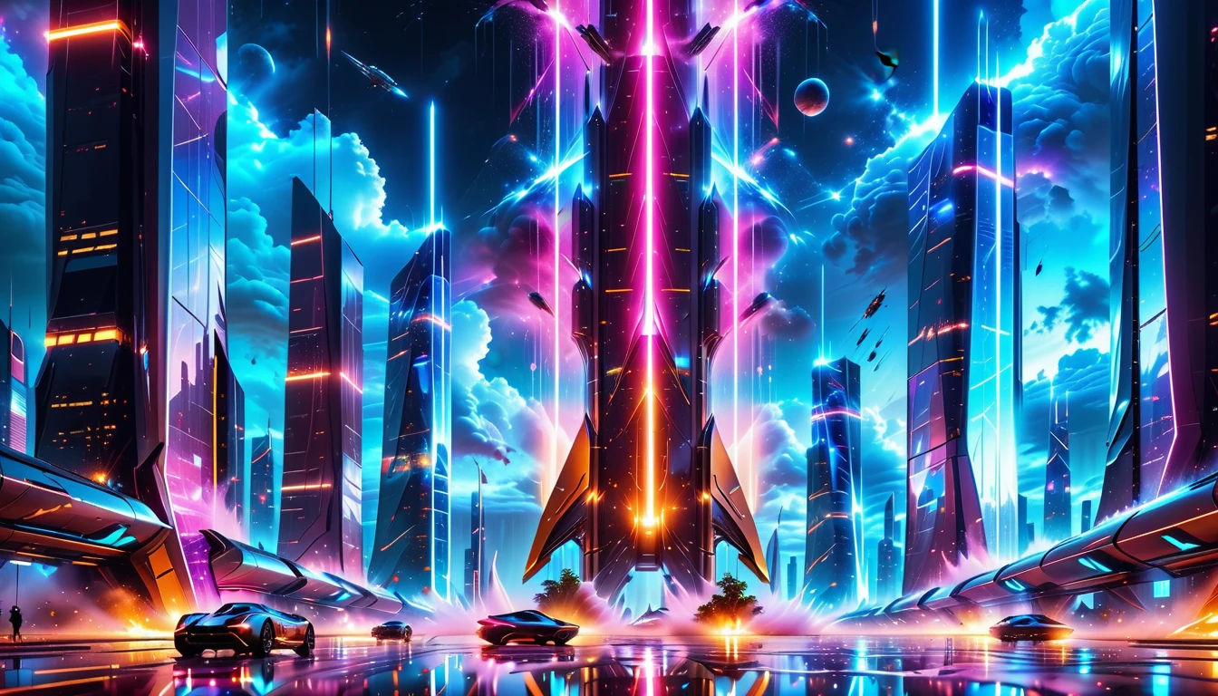 A Masterpiece In 32K Resolution, Supreme Quality, Super Detail, Official Art, Very High-Resolution 32K Wallpaper, Beautiful And Aesthetic, Ultra-Detailed Features, Awe-Inspiring Detail. Gigantic Neon Towers Rise Into The Night Sky, Their Surfaces Reflecting The Light Of The Universe. Electric Rain Falls From A Clouded Sky, Splattering Against The Metallic Streets. A Sleek Spaceship Soars Through The Sky, Leaving Streams Of Light, Futuristic Metropolis Below.