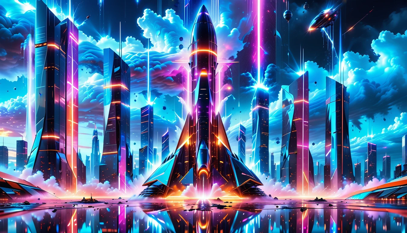 A Masterpiece In 32K Resolution, Supreme Quality, Super Detail, Official Art, Very High-Resolution 32K Wallpaper, Beautiful And Aesthetic, Ultra-Detailed Features, Awe-Inspiring Detail. Gigantic Neon Towers Rise Into The Night Sky, Their Surfaces Reflecting The Light Of The Universe. Electric Rain Falls From A Clouded Sky, Splattering Against The Metallic Streets. A Sleek Spaceship Soars Through The Sky, Leaving Streams Of Light, Futuristic Metropolis Below.