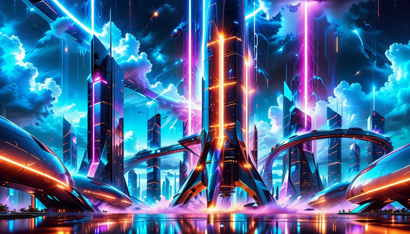 A Masterpiece In 32K Resolution, Supreme Quality, Super Detail, Official Art, Very High-Resolution 32K Wallpaper, Beautiful And Aesthetic, Ultra-Detailed Features, Awe-Inspiring Detail. Gigantic Neon Towers Rise Into The Night Sky, Their Surfaces Reflecting The Light Of The Universe. Electric Rain Falls From A Clouded Sky, Splattering Against The Metallic Streets. A Sleek Spaceship Soars Through The Sky, Leaving Streams Of Light, Futuristic Metropolis Below.