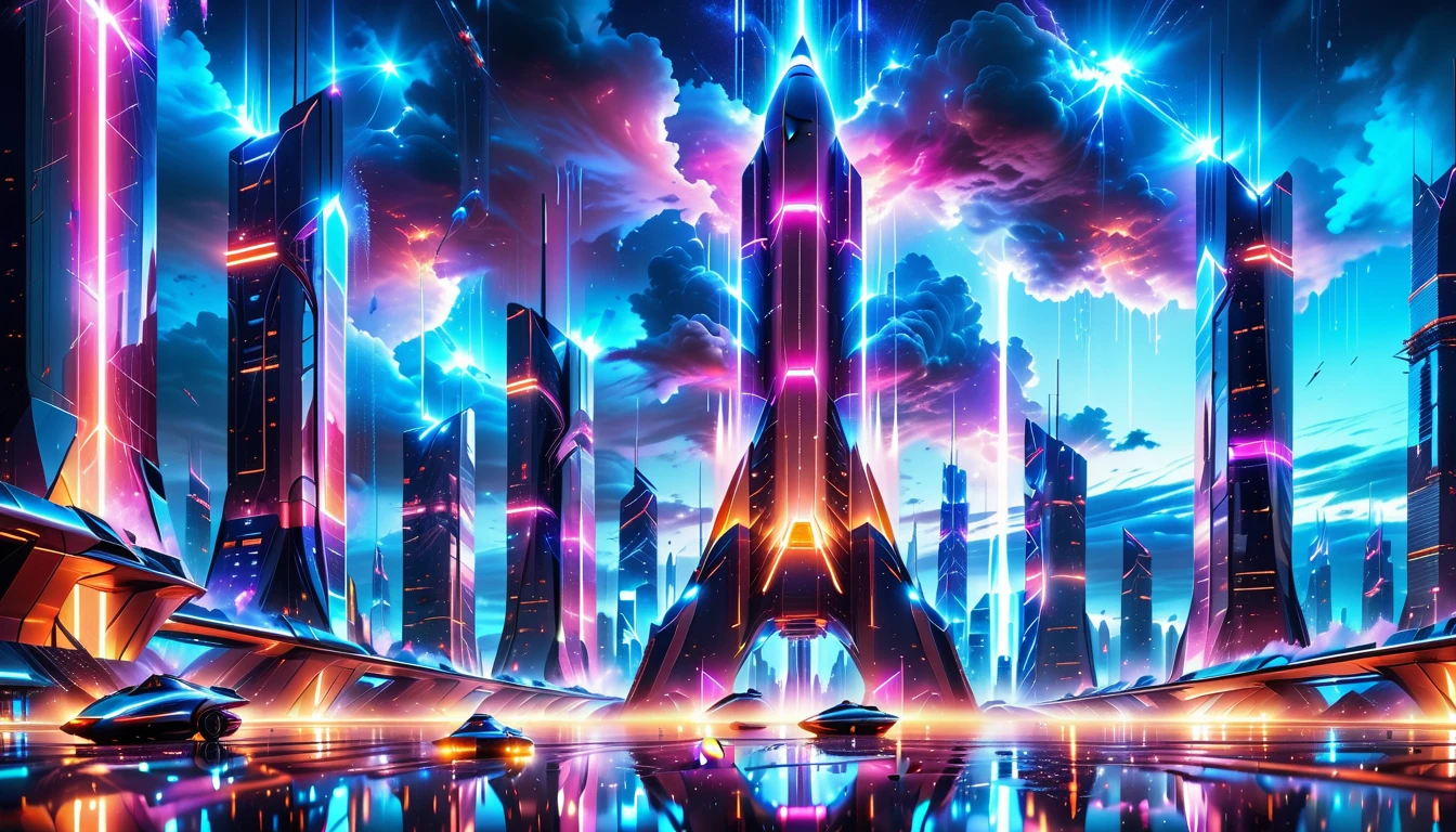 A Masterpiece In 32K Resolution, Supreme Quality, Super Detail, Official Art, Very High-Resolution 32K Wallpaper, Beautiful And Aesthetic, Ultra-Detailed Features, Awe-Inspiring Detail. Gigantic Neon Towers Rise Into The Night Sky, Their Surfaces Reflecting The Light Of The Universe. Electric Rain Falls From A Clouded Sky, Splattering Against The Metallic Streets. A Sleek Spaceship Soars Through The Sky, Leaving Streams Of Light, Futuristic Metropolis Below.