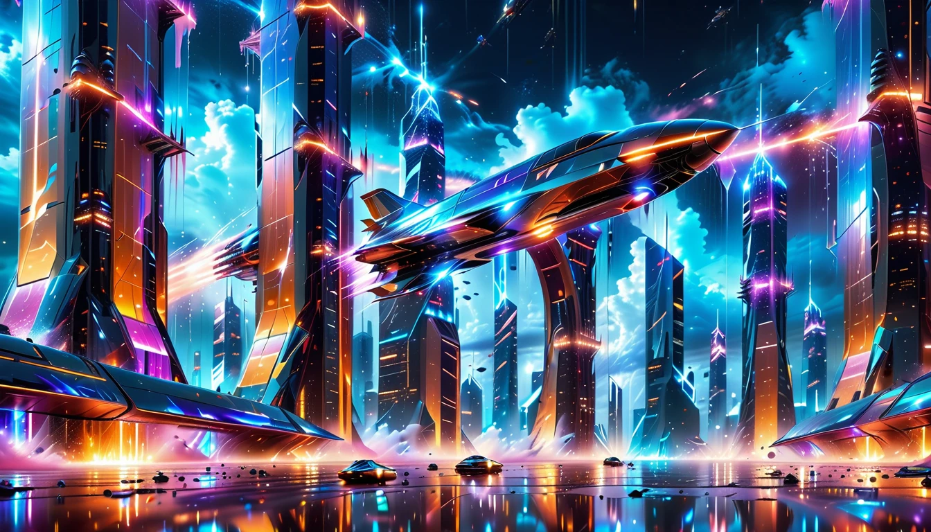 A Masterpiece In 32K Resolution, Supreme Quality, Super Detail, Official Art, Very High-Resolution 32K Wallpaper, Beautiful And Aesthetic, Ultra-Detailed Features, Awe-Inspiring Detail. Gigantic Neon Towers Rise Into The Night Sky, Their Surfaces Reflecting The Light Of The Universe. Electric Rain Falls From A Clouded Sky, Splattering Against The Metallic Streets. A Sleek Spaceship Soars Through The Sky, Leaving Streams Of Light, Futuristic Metropolis Below.