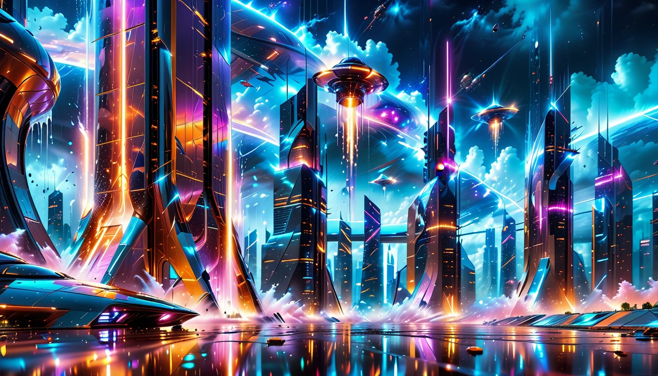 A Masterpiece In 32K Resolution, Supreme Quality, Super Detail, Official Art, Very High-Resolution 32K Wallpaper, Beautiful And Aesthetic, Ultra-Detailed Features, Awe-Inspiring Detail. Gigantic Neon Towers Rise Into The Night Sky, Their Surfaces Reflecting The Light Of The Universe. Electric Rain Falls From A Clouded Sky, Splattering Against The Metallic Streets. A Sleek Spaceship Soars Through The Sky, Leaving Streams Of Light, Futuristic Metropolis Below.