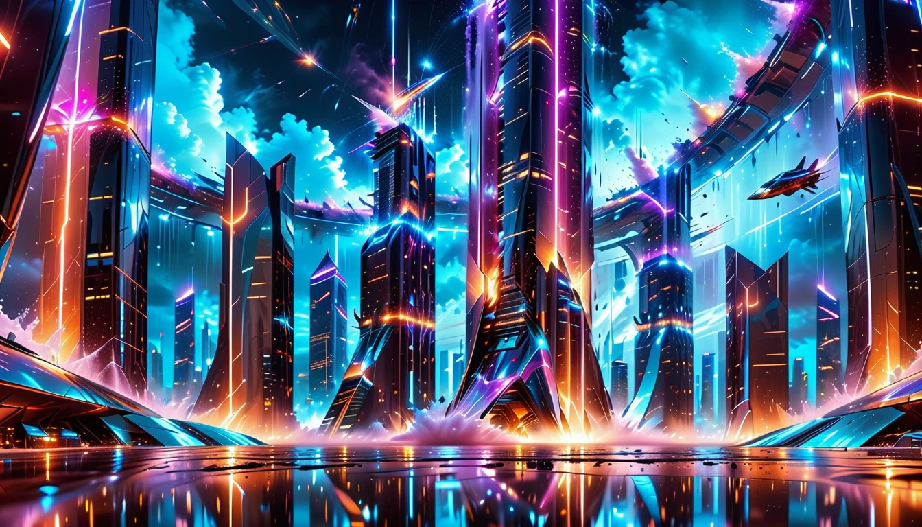 A Masterpiece In 32K Resolution, Supreme Quality, Super Detail, Official Art, Very High-Resolution 32K Wallpaper, Beautiful And Aesthetic, Ultra-Detailed Features, Awe-Inspiring Detail. Gigantic Neon Towers Rise Into The Night Sky, Their Surfaces Reflecting The Light Of The Universe. Electric Rain Falls From A Clouded Sky, Splattering Against The Metallic Streets. A Sleek Spaceship Soars Through The Sky, Leaving Streams Of Light, Futuristic Metropolis Below.