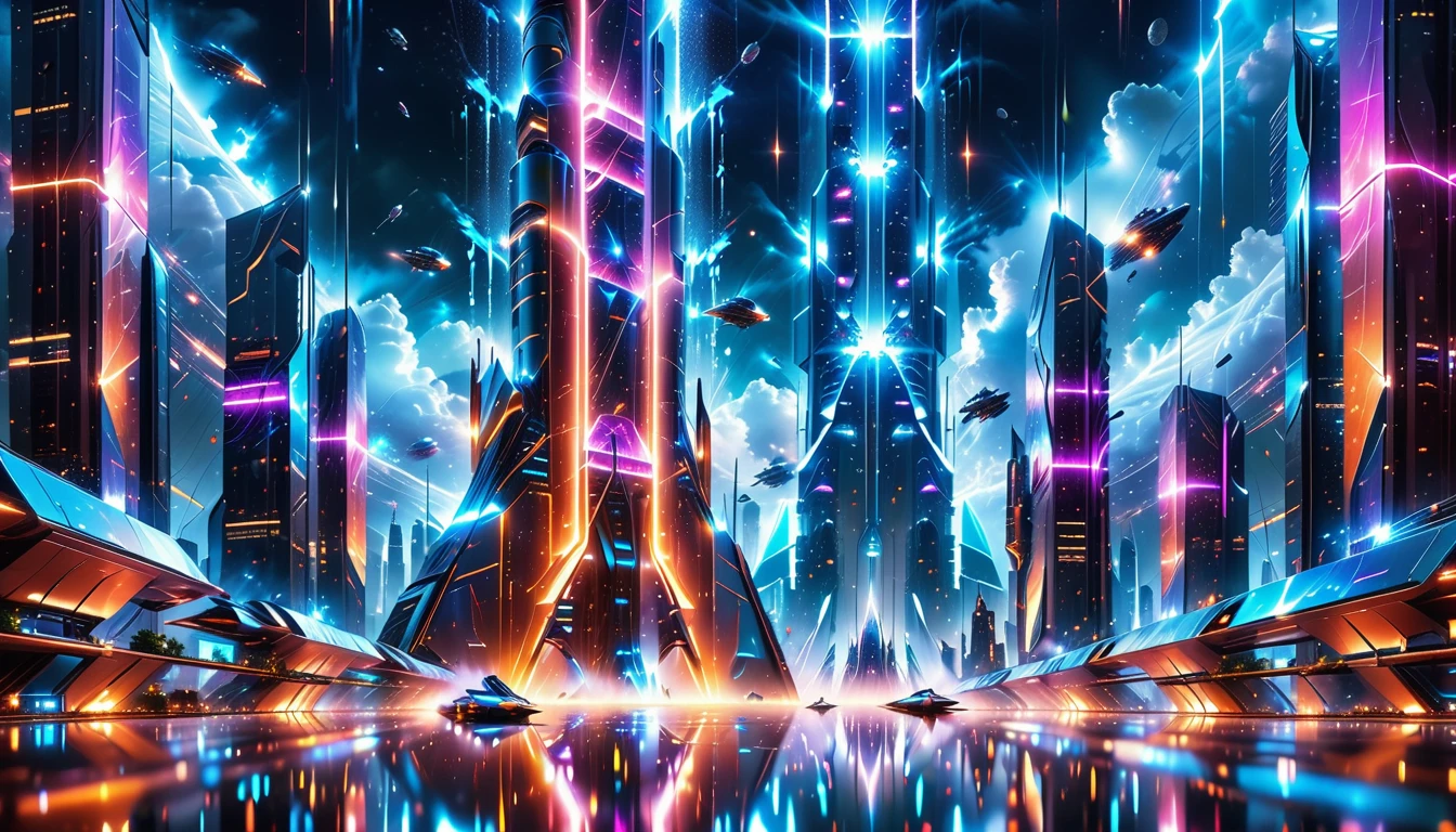 A Masterpiece In 32K Resolution, Supreme Quality, Super Detail, Official Art, Very High-Resolution 32K Wallpaper, Beautiful And Aesthetic, Ultra-Detailed Features, Awe-Inspiring Detail. Gigantic Neon Towers Rise Into The Night Sky, Their Surfaces Reflecting The Light Of The Universe. Electric Rain Falls From A Clouded Sky, Splattering Against The Metallic Streets. A Sleek Spaceship Soars Through The Sky, Leaving Streams Of Light, Futuristic Metropolis Below.