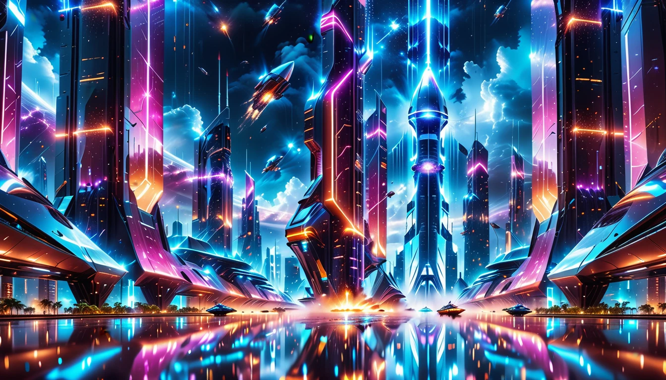 A Masterpiece In 32K Resolution, Supreme Quality, Super Detail, Official Art, Very High-Resolution 32K Wallpaper, Beautiful And Aesthetic, Ultra-Detailed Features, Awe-Inspiring Detail. Gigantic Neon Towers Rise Into The Night Sky, Their Surfaces Reflecting The Light Of The Universe. Electric Rain Falls From A Clouded Sky, Splattering Against The Metallic Streets. A Sleek Spaceship Soars Through The Sky, Leaving Streams Of Light, Futuristic Metropolis Below.