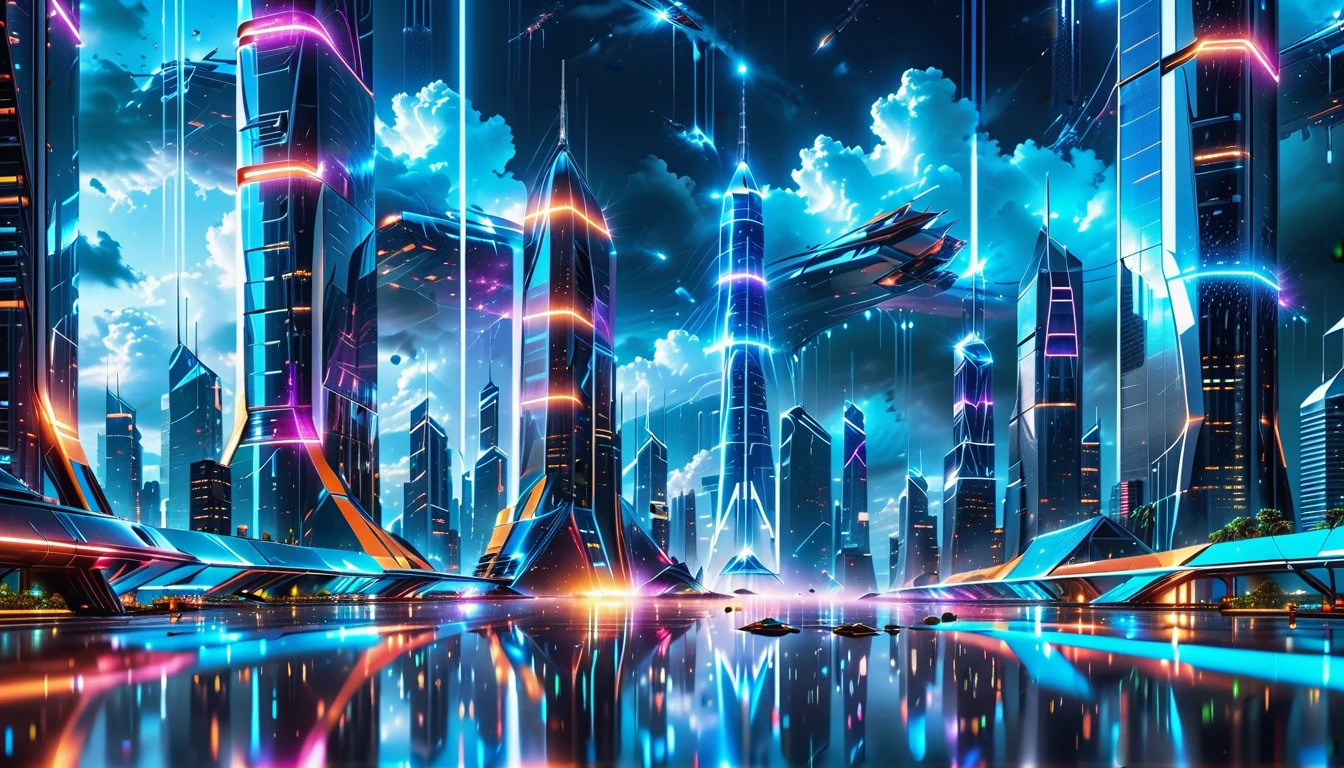 A Masterpiece In 32K Resolution, Supreme Quality, Super Detail, Official Art, Very High-Resolution 32K Wallpaper, Beautiful And Aesthetic, Ultra-Detailed Features, Awe-Inspiring Detail. Gigantic Neon Towers Rise Into The Night Sky, Their Surfaces Reflecting The Light Of The Universe. Electric Rain Falls From A Clouded Sky, Splattering Against The Metallic Streets. A Sleek Spaceship Soars Through The Sky, Leaving Streams Of Light, Futuristic Metropolis Below.