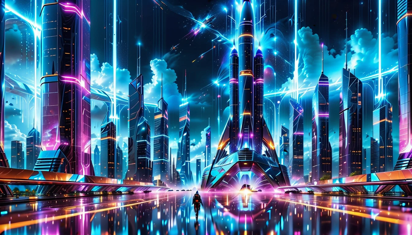 A Masterpiece In 32K Resolution, Supreme Quality, Super Detail, Official Art, Very High-Resolution 32K Wallpaper, Beautiful And Aesthetic, Ultra-Detailed Features, Awe-Inspiring Detail. Gigantic Neon Towers Rise Into The Night Sky, Their Surfaces Reflecting The Light Of The Universe. Electric Rain Falls From A Clouded Sky, Splattering Against The Metallic Streets. A Sleek Spaceship Soars Through The Sky, Leaving Streams Of Light, Futuristic Metropolis Below.