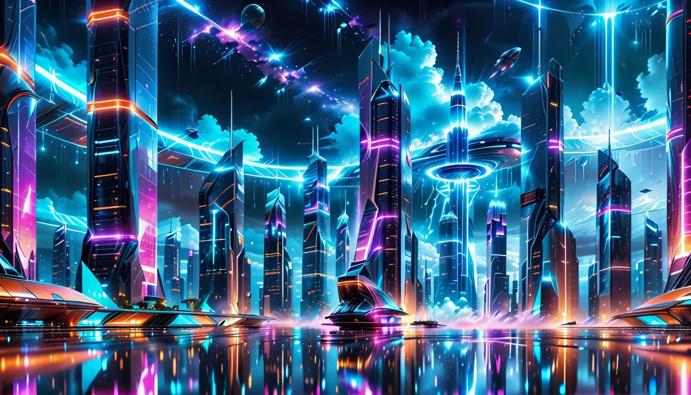 A Masterpiece In 32K Resolution, Supreme Quality, Super Detail, Official Art, Very High-Resolution 32K Wallpaper, Beautiful And Aesthetic, Ultra-Detailed Features, Awe-Inspiring Detail. Gigantic Neon Towers Rise Into The Night Sky, Their Surfaces Reflecting The Light Of The Universe. Electric Rain Falls From A Clouded Sky, Splattering Against The Metallic Streets. A Sleek Spaceship Soars Through The Sky, Leaving Streams Of Light, Futuristic Metropolis Below.