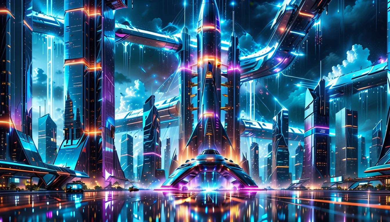 A Masterpiece In 32K Resolution, Supreme Quality, Super Detail, Official Art, Very High-Resolution 32K Wallpaper, Beautiful And Aesthetic, Ultra-Detailed Features, Awe-Inspiring Detail. Gigantic Neon Towers Rise Into The Night Sky, Their Surfaces Reflecting The Light Of The Universe. Electric Rain Falls From A Clouded Sky, Splattering Against The Metallic Streets. A Sleek Spaceship Soars Through The Sky, Leaving Streams Of Light, Futuristic Metropolis Below.