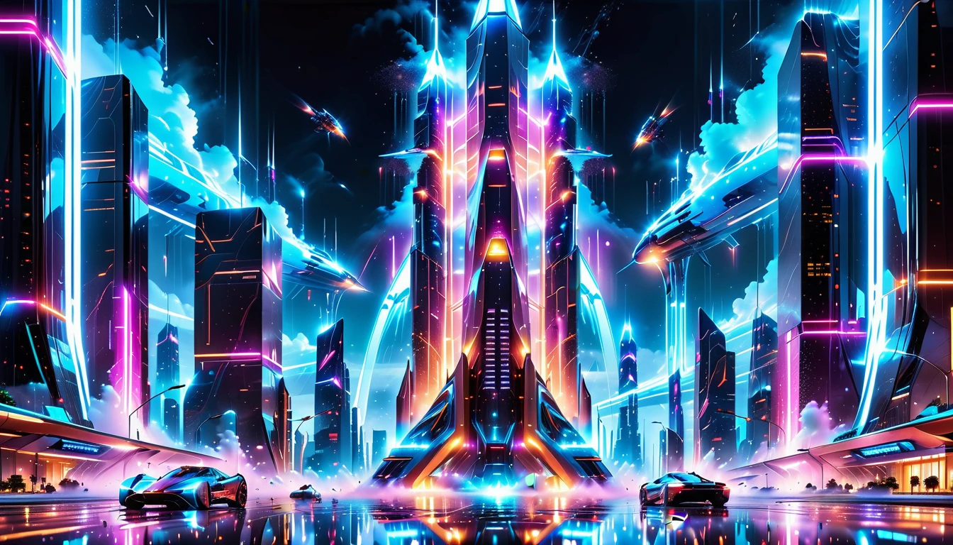 A Masterpiece In 32K Resolution, Supreme Quality, Super Detail, Official Art, Very High-Resolution 32K Wallpaper, Beautiful And Aesthetic, Ultra-Detailed Features, Awe-Inspiring Detail. Gigantic Neon Towers Rise Into The Night Sky, Their Surfaces Reflecting The Light Of The Universe. Electric Rain Falls From A Clouded Sky, Splattering Against The Metallic Streets. A Sleek Spaceship Soars Through The Sky, Leaving Streams Of Light, Futuristic Metropolis Below.