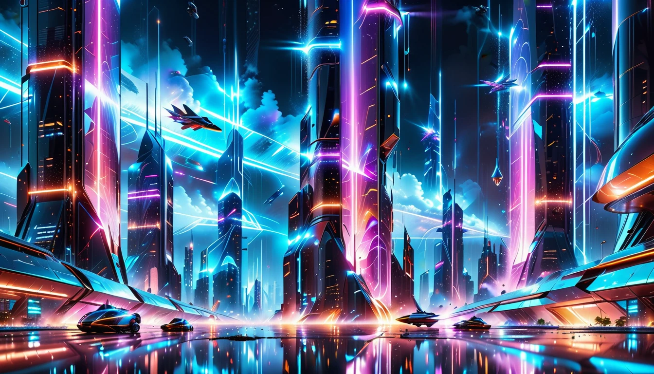 A Masterpiece In 32K Resolution, Supreme Quality, Super Detail, Official Art, Very High-Resolution 32K Wallpaper, Beautiful And Aesthetic, Ultra-Detailed Features, Awe-Inspiring Detail. Gigantic Neon Towers Rise Into The Night Sky, Their Surfaces Reflecting The Light Of The Universe. Electric Rain Falls From A Clouded Sky, Splattering Against The Metallic Streets. A Sleek Spaceship Soars Through The Sky, Leaving Streams Of Light, Futuristic Metropolis Below.