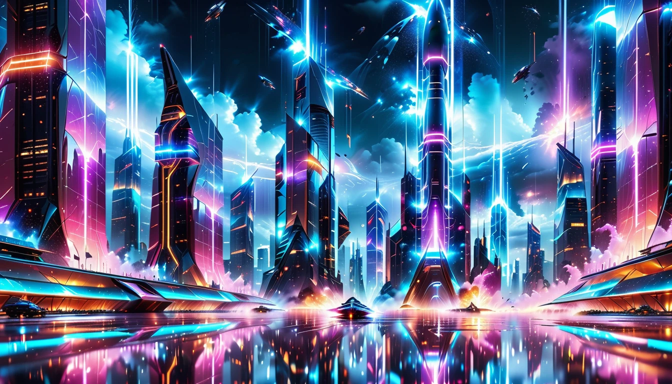 A Masterpiece In 32K Resolution, Supreme Quality, Super Detail, Official Art, Very High-Resolution 32K Wallpaper, Beautiful And Aesthetic, Ultra-Detailed Features, Awe-Inspiring Detail. Gigantic Neon Towers Rise Into The Night Sky, Their Surfaces Reflecting The Light Of The Universe. Electric Rain Falls From A Clouded Sky, Splattering Against The Metallic Streets. A Sleek Spaceship Soars Through The Sky, Leaving Streams Of Light, Futuristic Metropolis Below.