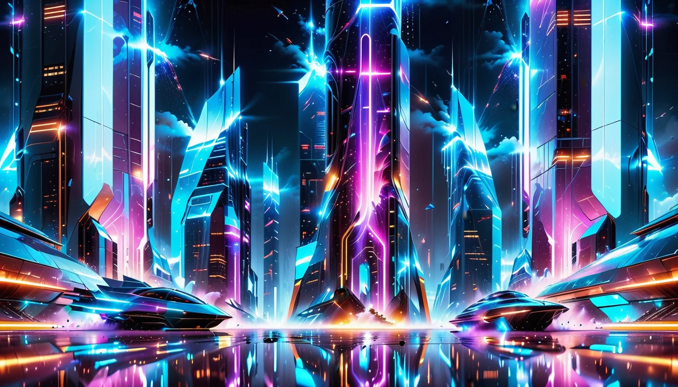 A Masterpiece In 32K Resolution, Supreme Quality, Super Detail, Official Art, Very High-Resolution 32K Wallpaper, Beautiful And Aesthetic, Ultra-Detailed Features, Awe-Inspiring Detail. Gigantic Neon Towers Rise Into The Night Sky, Their Surfaces Reflecting The Light Of The Universe. Electric Rain Falls From A Clouded Sky, Splattering Against The Metallic Streets. A Sleek Spaceship Soars Through The Sky, Leaving Streams Of Light, Futuristic Metropolis Below.