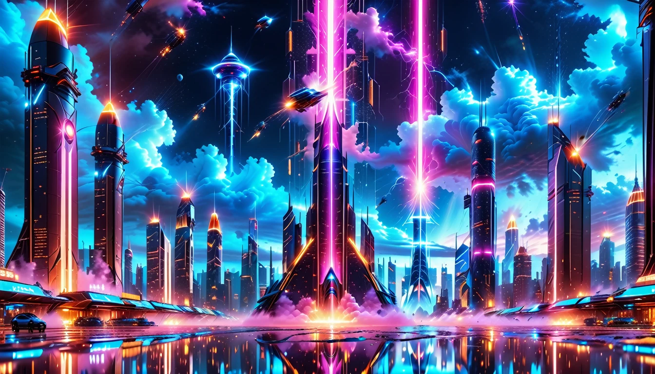 A Masterpiece In 32K Resolution, Supreme Quality, Super Detail, Official Art, Very High-Resolution 32K Wallpaper, Beautiful And Aesthetic, Ultra-Detailed Features, Awe-Inspiring Detail. Gigantic Neon Towers Rise Into The Night Sky, Their Surfaces Reflecting The Light Of The Universe. Electric Rain Falls From A Clouded Sky, Splattering Against The Metallic Streets. A Sleek Spaceship Soars Through The Sky, Leaving Streams Of Light, Futuristic Metropolis Below.