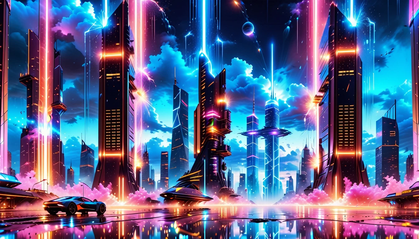 A Masterpiece In 32K Resolution, Supreme Quality, Super Detail, Official Art, Very High-Resolution 32K Wallpaper, Beautiful And Aesthetic, Ultra-Detailed Features, Awe-Inspiring Detail. Gigantic Neon Towers Rise Into The Night Sky, Their Surfaces Reflecting The Light Of The Universe. Electric Rain Falls From A Clouded Sky, Splattering Against The Metallic Streets. A Sleek Spaceship Soars Through The Sky, Leaving Streams Of Light, Futuristic Metropolis Below.