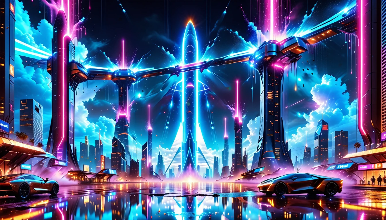 A Masterpiece In 32K Resolution, Supreme Quality, Super Detail, Official Art, Very High-Resolution 32K Wallpaper, Beautiful And Aesthetic, Ultra-Detailed Features, Awe-Inspiring Detail. Gigantic Neon Towers Rise Into The Night Sky, Their Surfaces Reflecting The Light Of The Universe. Electric Rain Falls From A Clouded Sky, Splattering Against The Metallic Streets. A Sleek Spaceship Soars Through The Sky, Leaving Streams Of Light, Futuristic Metropolis Below.