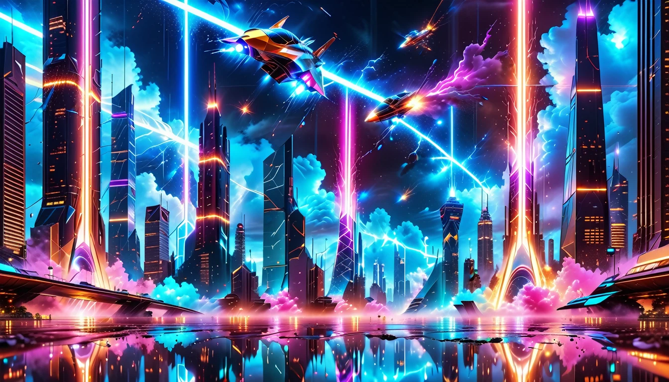 A Masterpiece In 32K Resolution, Supreme Quality, Super Detail, Official Art, Very High-Resolution 32K Wallpaper, Beautiful And Aesthetic, Ultra-Detailed Features, Awe-Inspiring Detail. Gigantic Neon Towers Rise Into The Night Sky, Their Surfaces Reflecting The Light Of The Universe. Electric Rain Falls From A Clouded Sky, Splattering Against The Metallic Streets. A Sleek Spaceship Soars Through The Sky, Leaving Streams Of Light, Futuristic Metropolis Below.