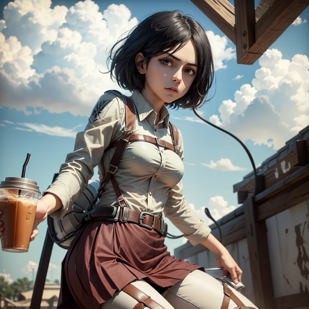 mikasa ackerman, She has a pleated skirt , In one hand he holds an iced coffee which is in a transparent plastic cup,  it has a funnel-shaped lid and in the middle the straw,  solid white background