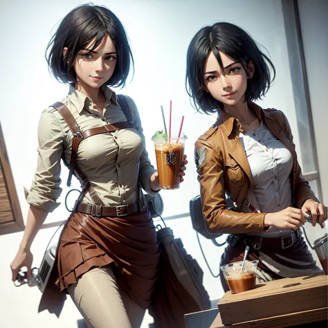 mikasa ackerman, Smiling, She has a pleated skirt , In one hand he holds an iced coffee which is in a transparent plastic cup,  it has a funnel-shaped lid and in the middle the straw,  solid white background