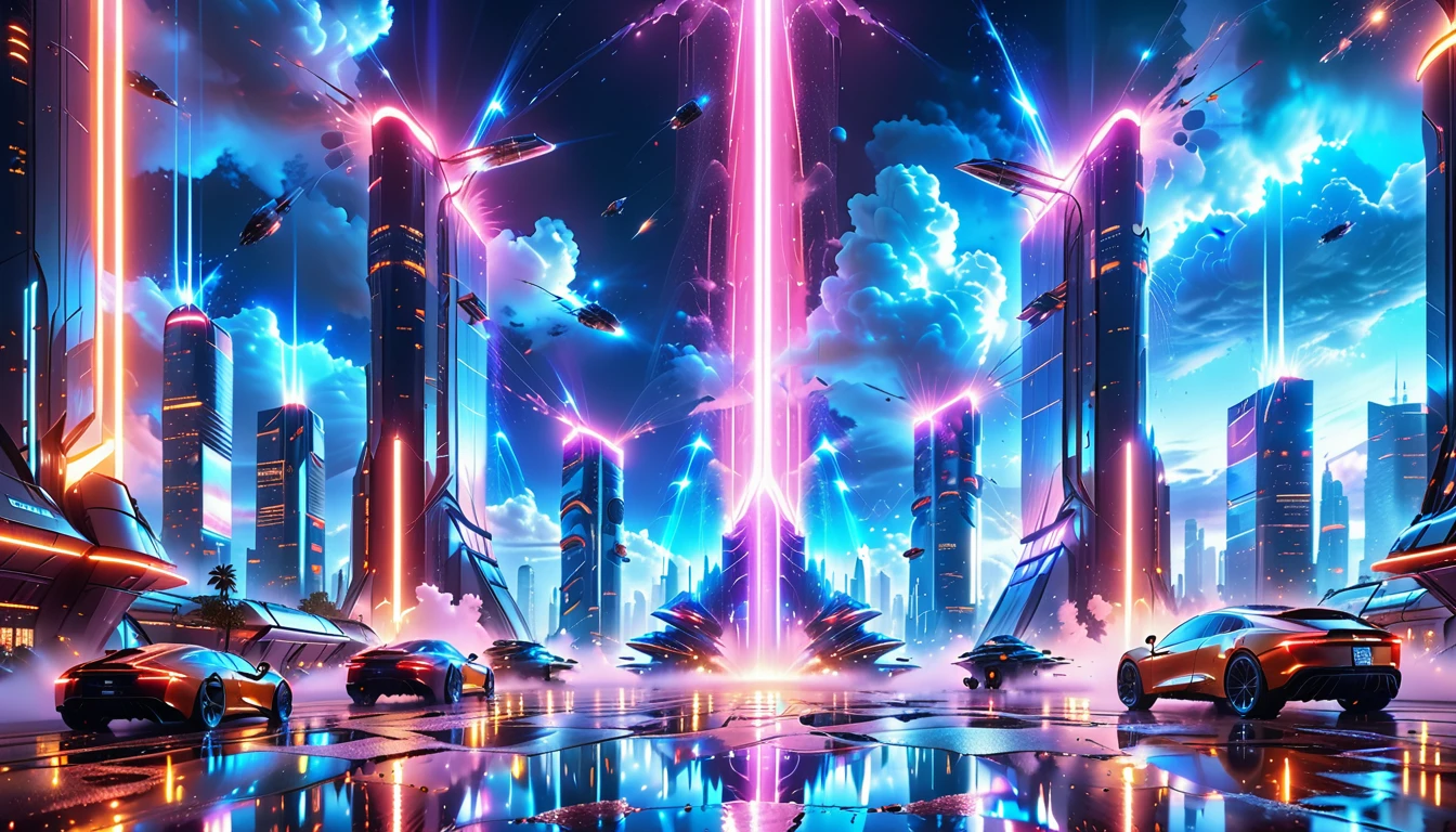 A Masterpiece In 32K Resolution, Supreme Quality, Super Detail, Official Art, Very High-Resolution 32K Wallpaper, Beautiful And Aesthetic, Ultra-Detailed Features, Awe-Inspiring Detail. Gigantic Neon Towers Rise Into The Night Sky, Their Surfaces Reflecting The Light Of The Universe. Electric Rain Falls From A Clouded Sky, Splattering Against The Metallic Streets. A Sleek Spaceship Soars Through The Sky, Leaving Streams Of Light, Futuristic Metropolis Below.