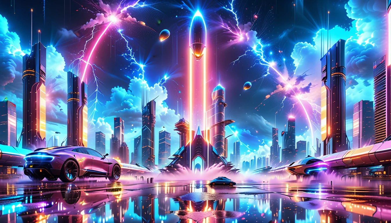 A Masterpiece In 32K Resolution, Supreme Quality, Super Detail, Official Art, Very High-Resolution 32K Wallpaper, Beautiful And Aesthetic, Ultra-Detailed Features, Awe-Inspiring Detail. Gigantic Neon Towers Rise Into The Night Sky, Their Surfaces Reflecting The Light Of The Universe. Electric Rain Falls From A Clouded Sky, Splattering Against The Metallic Streets. A Sleek Spaceship Soars Through The Sky, Leaving Streams Of Light, Futuristic Metropolis Below.