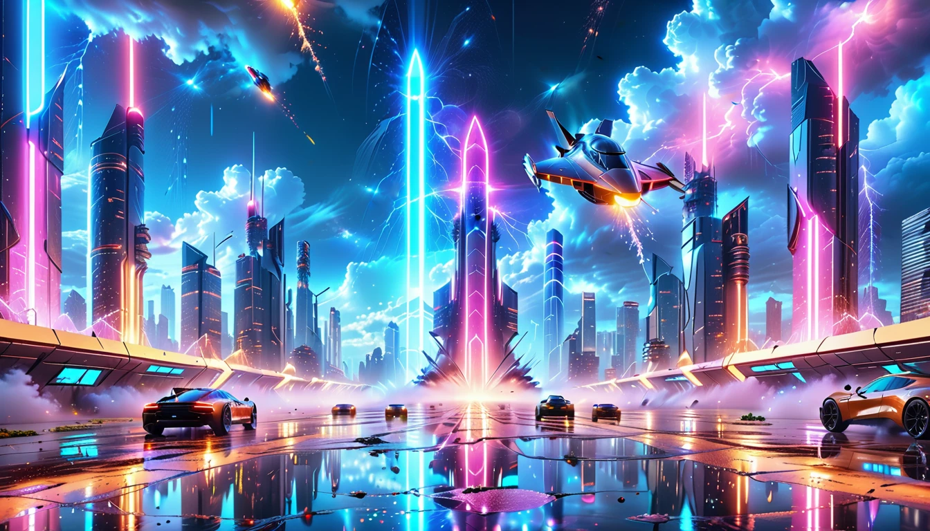 A Masterpiece In 32K Resolution, Supreme Quality, Super Detail, Official Art, Very High-Resolution 32K Wallpaper, Beautiful And Aesthetic, Ultra-Detailed Features, Awe-Inspiring Detail. Gigantic Neon Towers Rise Into The Night Sky, Their Surfaces Reflecting The Light Of The Universe. Electric Rain Falls From A Clouded Sky, Splattering Against The Metallic Streets. A Sleek Spaceship Soars Through The Sky, Leaving Streams Of Light, Futuristic Metropolis Below.