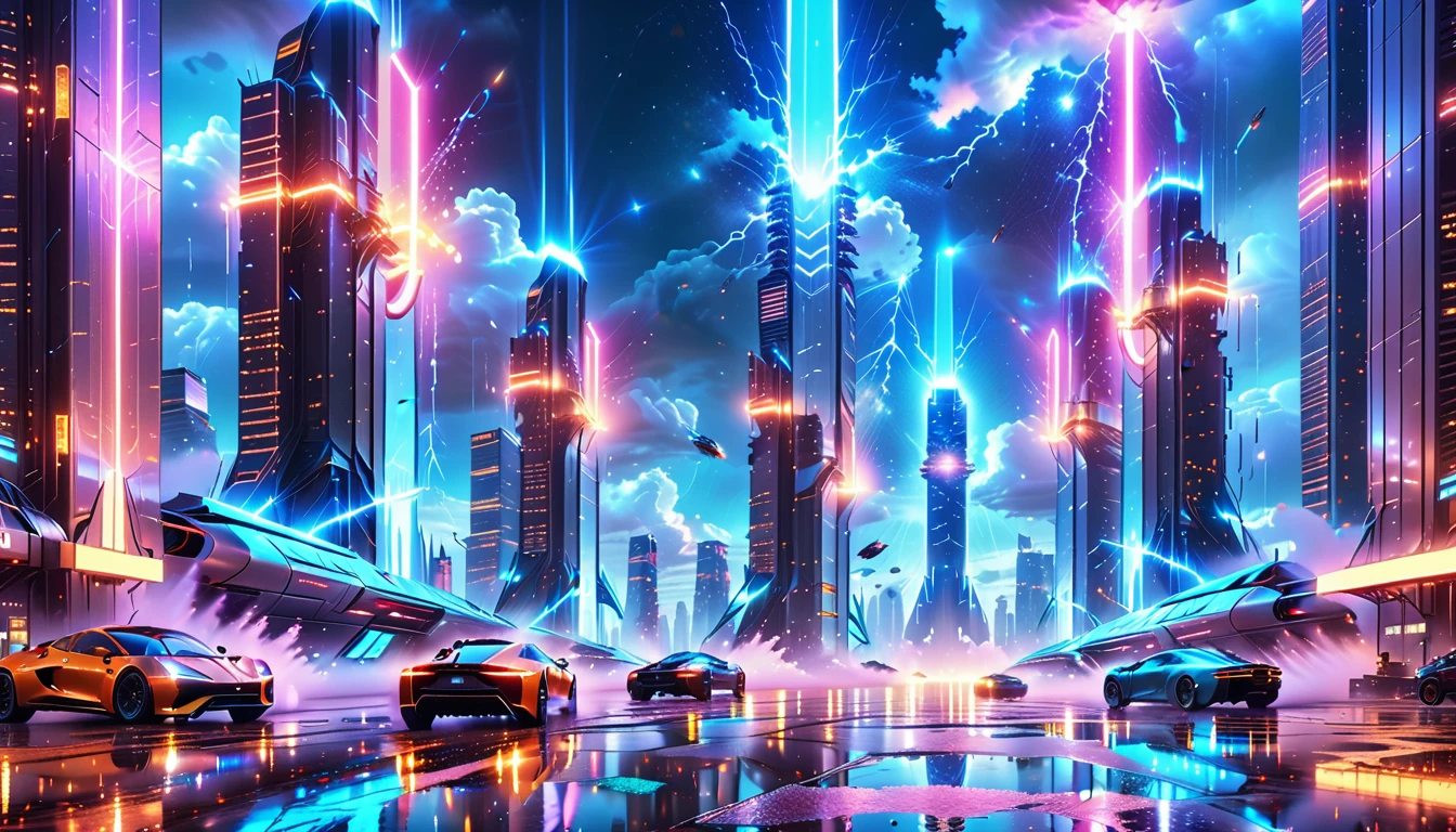 A Masterpiece In 32K Resolution, Supreme Quality, Super Detail, Official Art, Very High-Resolution 32K Wallpaper, Beautiful And Aesthetic, Ultra-Detailed Features, Awe-Inspiring Detail. Gigantic Neon Towers Rise Into The Night Sky, Their Surfaces Reflecting The Light Of The Universe. Electric Rain Falls From A Clouded Sky, Splattering Against The Metallic Streets. A Sleek Spaceship Soars Through The Sky, Leaving Streams Of Light, Futuristic Metropolis Below.