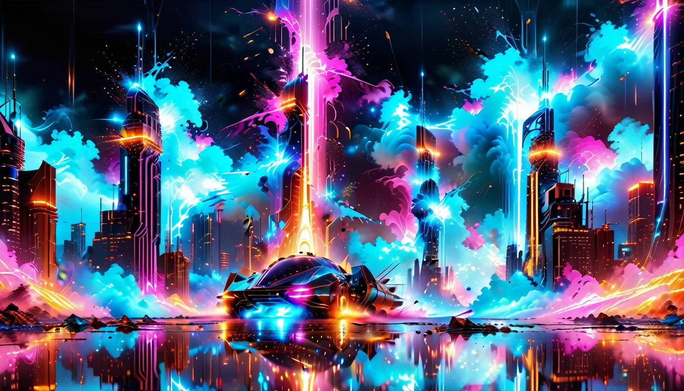 A Masterpiece In 32K Resolution, Supreme Quality, Super Detail, Official Art, Very High-Resolution 32K Wallpaper, Beautiful And Aesthetic, Ultra-Detailed Features, Awe-Inspiring Detail. Gigantic Neon Towers Rise Into The Night Sky, Their Surfaces Reflecting The Light Of The Universe. Electric Rain Falls From A Clouded Sky, Splattering Against The Metallic Streets. A Sleek Spaceship Soars Through The Sky, Leaving Streams Of Light, Futuristic Metropolis Below.