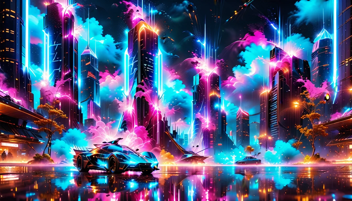 A Masterpiece In 32K Resolution, Supreme Quality, Super Detail, Official Art, Very High-Resolution 32K Wallpaper, Beautiful And Aesthetic, Ultra-Detailed Features, Awe-Inspiring Detail. Gigantic Neon Towers Rise Into The Night Sky, Their Surfaces Reflecting The Light Of The Universe. Electric Rain Falls From A Clouded Sky, Splattering Against The Metallic Streets. A Sleek Spaceship Soars Through The Sky, Leaving Streams Of Light, Futuristic Metropolis Below.