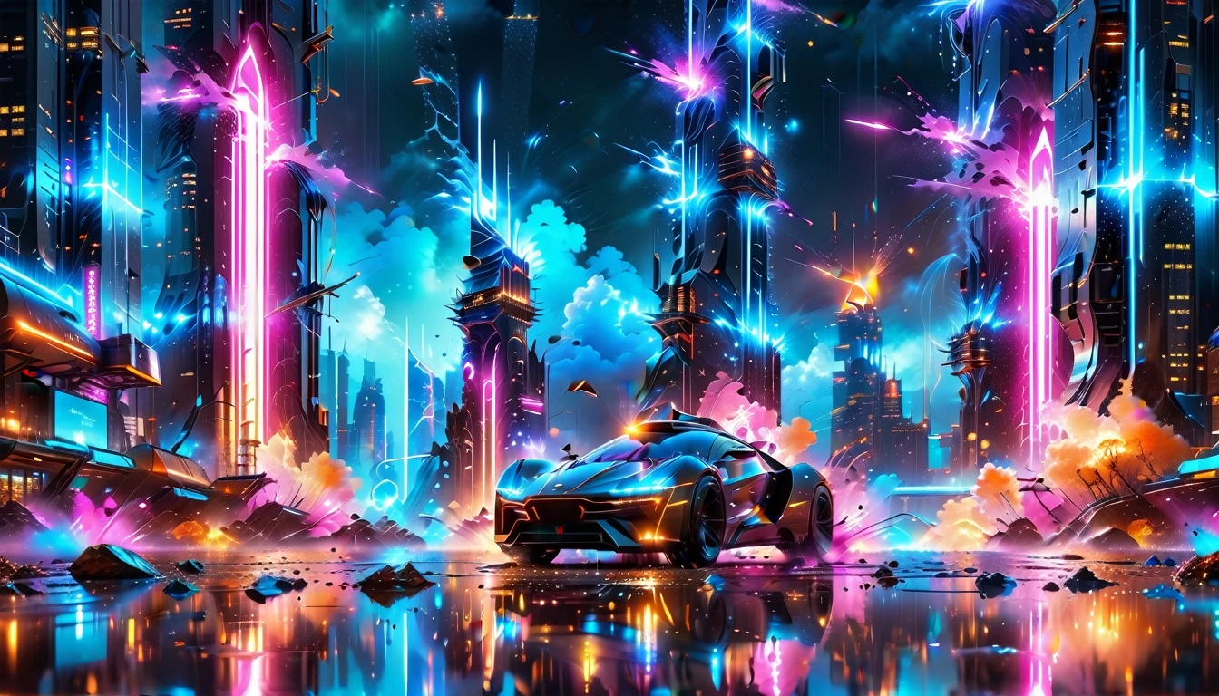 A Masterpiece In 32K Resolution, Supreme Quality, Super Detail, Official Art, Very High-Resolution 32K Wallpaper, Beautiful And Aesthetic, Ultra-Detailed Features, Awe-Inspiring Detail. Gigantic Neon Towers Rise Into The Night Sky, Their Surfaces Reflecting The Light Of The Universe. Electric Rain Falls From A Clouded Sky, Splattering Against The Metallic Streets. A Sleek Spaceship Soars Through The Sky, Leaving Streams Of Light, Futuristic Metropolis Below.