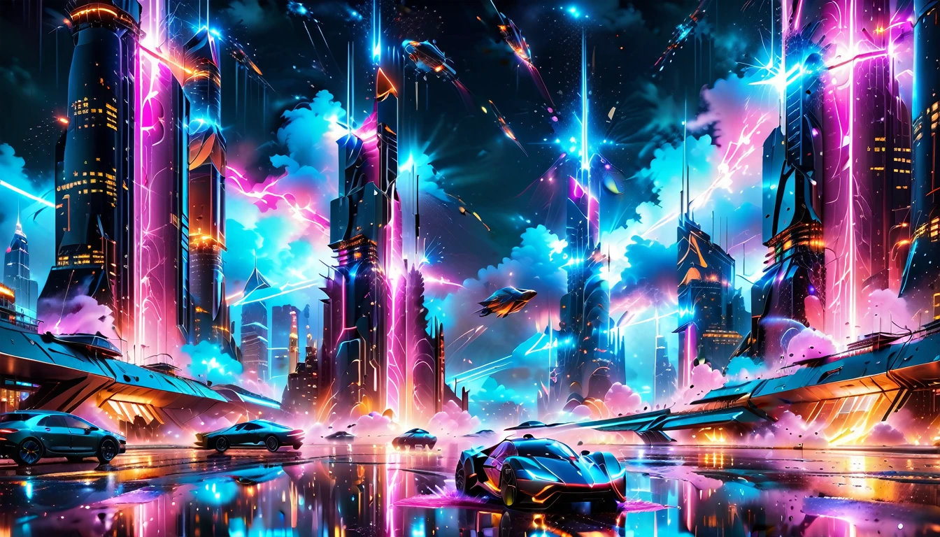 A Masterpiece In 32K Resolution, Supreme Quality, Super Detail, Official Art, Very High-Resolution 32K Wallpaper, Beautiful And Aesthetic, Ultra-Detailed Features, Awe-Inspiring Detail. Gigantic Neon Towers Rise Into The Night Sky, Their Surfaces Reflecting The Light Of The Universe. Electric Rain Falls From A Clouded Sky, Splattering Against The Metallic Streets. A Sleek Spaceship Soars Through The Sky, Leaving Streams Of Light, Futuristic Metropolis Below.