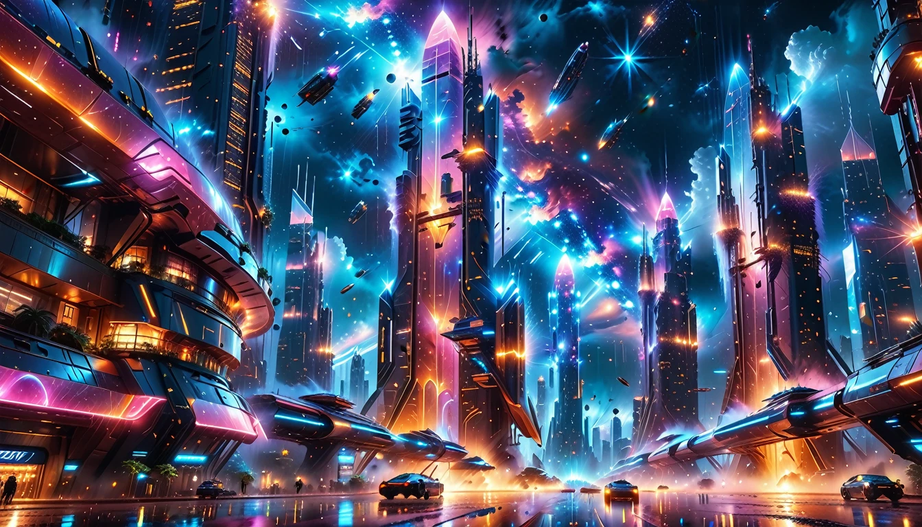 A Masterpiece In 32K Resolution, Supreme Quality, Super Detail, Official Art, Very High-Resolution 32K Wallpaper, Beautiful And Aesthetic, Ultra-Detailed Features, Awe-Inspiring Detail. Gigantic Neon Towers Rise Into The Night Sky, Their Surfaces Reflecting The Light Of The Universe. Electric Rain Falls From A Clouded Sky, Splattering Against The Metallic Streets. A Sleek Spaceship Soars Through The Sky, Leaving Streams Of Light, Futuristic Metropolis Below.