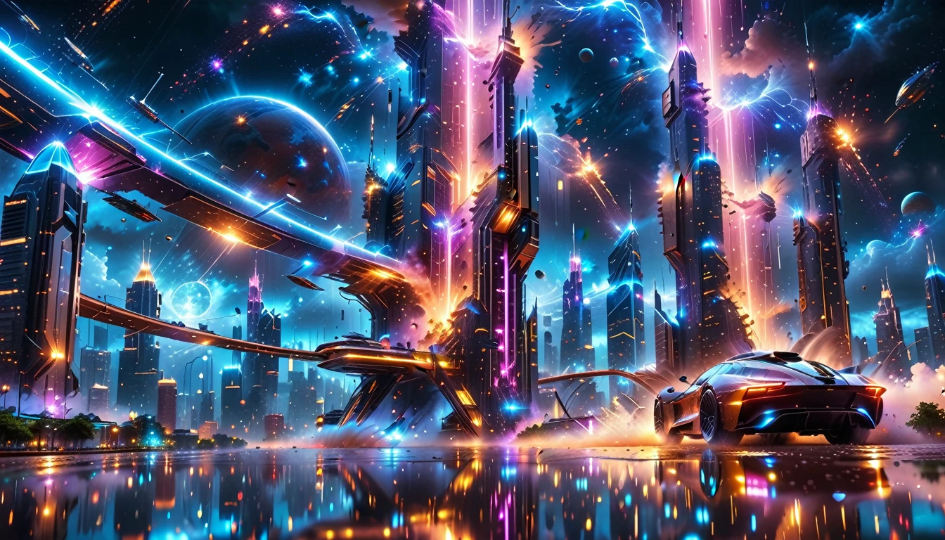 A Masterpiece In 32K Resolution, Supreme Quality, Super Detail, Official Art, Very High-Resolution 32K Wallpaper, Beautiful And Aesthetic, Ultra-Detailed Features, Awe-Inspiring Detail. Gigantic Neon Towers Rise Into The Night Sky, Their Surfaces Reflecting The Light Of The Universe. Electric Rain Falls From A Clouded Sky, Splattering Against The Metallic Streets. A Sleek Spaceship Soars Through The Sky, Leaving Streams Of Light, Futuristic Metropolis Below.