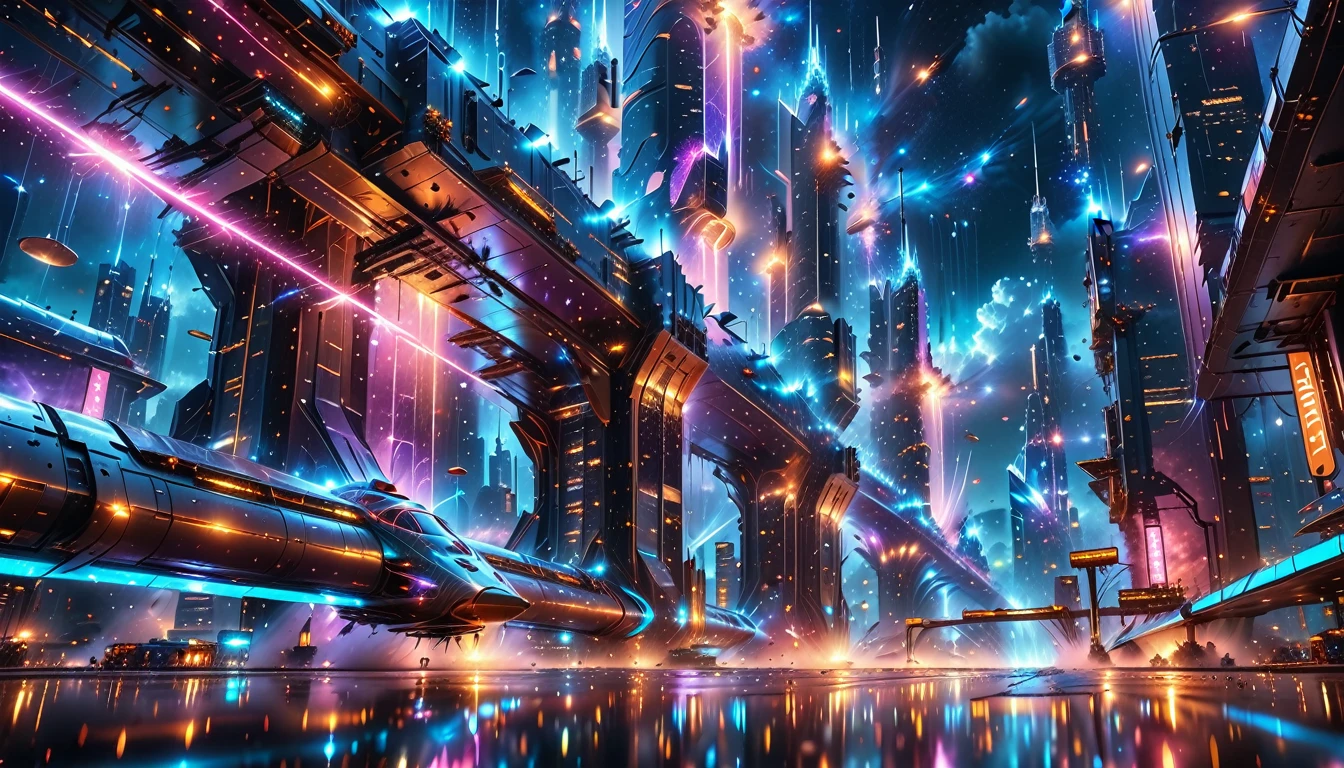 A Masterpiece In 32K Resolution, Supreme Quality, Super Detail, Official Art, Very High-Resolution 32K Wallpaper, Beautiful And Aesthetic, Ultra-Detailed Features, Awe-Inspiring Detail. Gigantic Neon Towers Rise Into The Night Sky, Their Surfaces Reflecting The Light Of The Universe. Electric Rain Falls From A Clouded Sky, Splattering Against The Metallic Streets. A Sleek Spaceship Soars Through The Sky, Leaving Streams Of Light, Futuristic Metropolis Below.