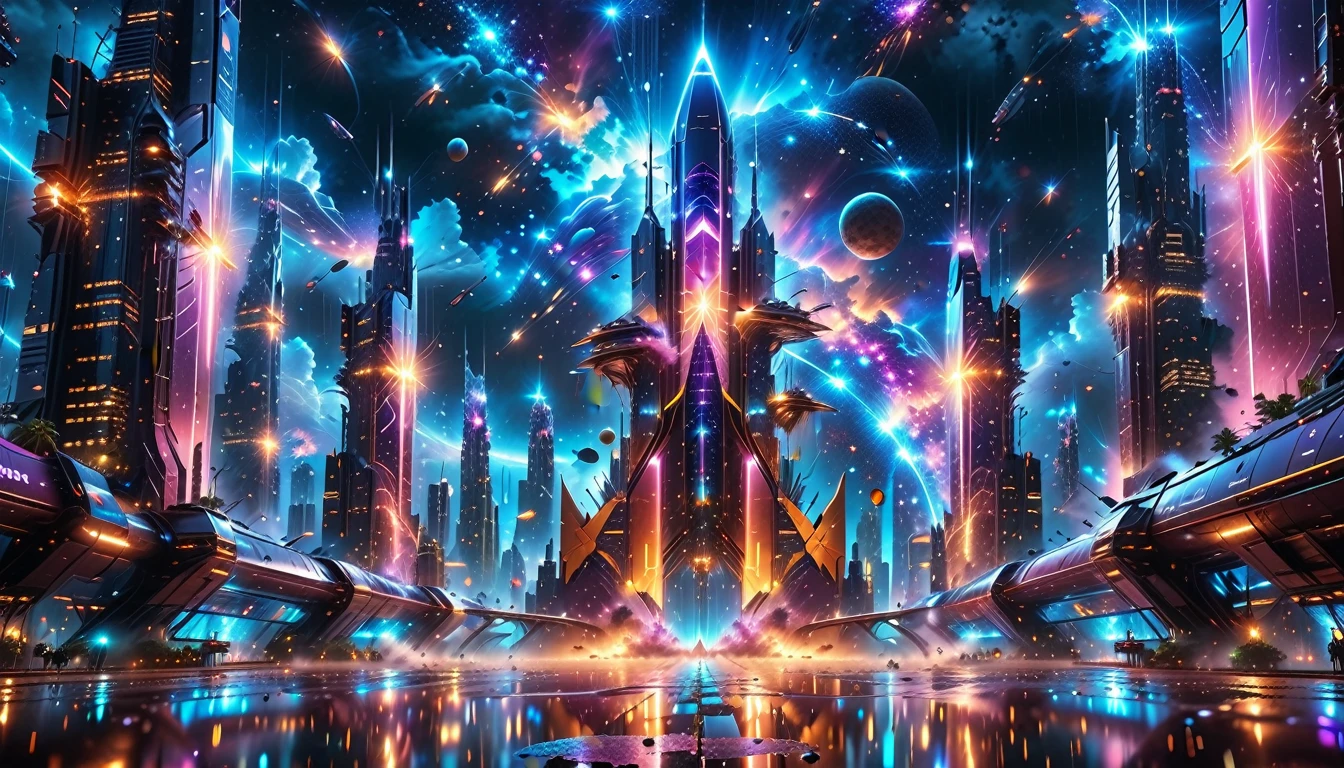 A Masterpiece In 32K Resolution, Supreme Quality, Super Detail, Official Art, Very High-Resolution 32K Wallpaper, Beautiful And Aesthetic, Ultra-Detailed Features, Awe-Inspiring Detail. Gigantic Neon Towers Rise Into The Night Sky, Their Surfaces Reflecting The Light Of The Universe. Electric Rain Falls From A Clouded Sky, Splattering Against The Metallic Streets. A Sleek Spaceship Soars Through The Sky, Leaving Streams Of Light, Futuristic Metropolis Below.