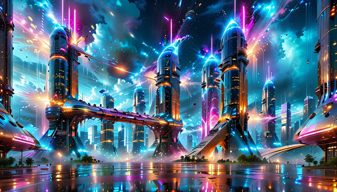 A Masterpiece In 32K Resolution, Supreme Quality, Super Detail, Official Art, Very High-Resolution 32K Wallpaper, Beautiful And Aesthetic, Ultra-Detailed Features, Awe-Inspiring Detail. Gigantic Neon Towers Rise Into The Night Sky, Their Surfaces Reflecting The Light Of The Universe. Electric Rain Falls From A Clouded Sky, Splattering Against The Metallic Streets. A Sleek Spaceship Soars Through The Sky, Leaving Streams Of Light, Futuristic Metropolis Below.