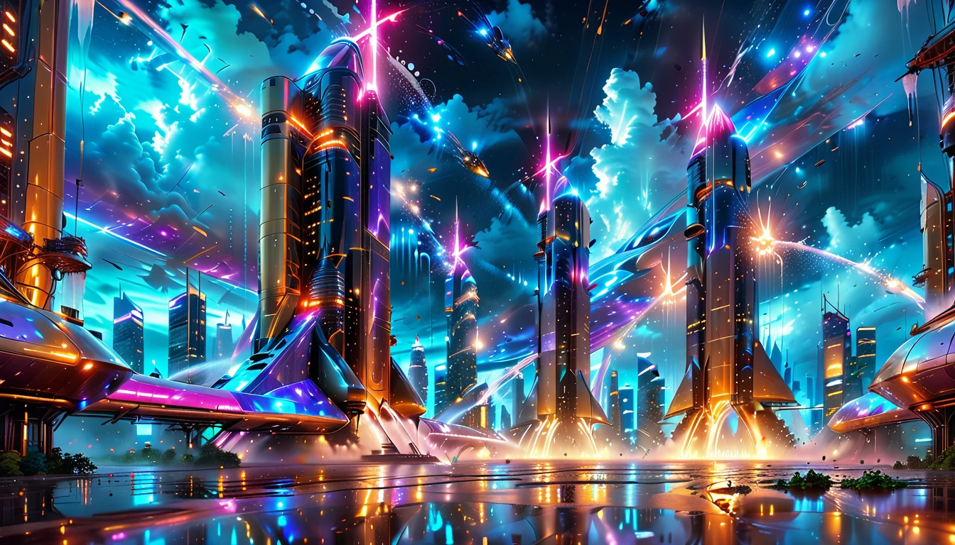 A Masterpiece In 32K Resolution, Supreme Quality, Super Detail, Official Art, Very High-Resolution 32K Wallpaper, Beautiful And Aesthetic, Ultra-Detailed Features, Awe-Inspiring Detail. Gigantic Neon Towers Rise Into The Night Sky, Their Surfaces Reflecting The Light Of The Universe. Electric Rain Falls From A Clouded Sky, Splattering Against The Metallic Streets. A Sleek Spaceship Soars Through The Sky, Leaving Streams Of Light, Futuristic Metropolis Below.