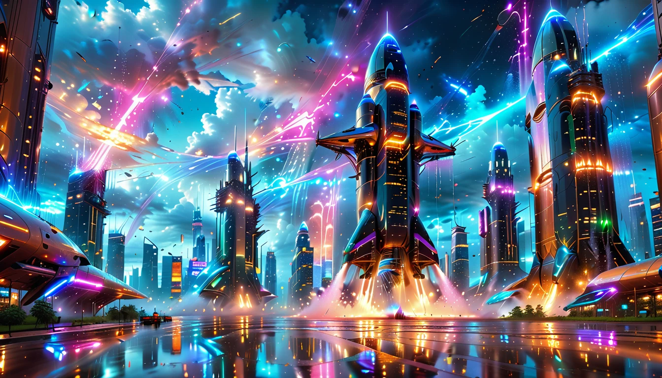 A Masterpiece In 32K Resolution, Supreme Quality, Super Detail, Official Art, Very High-Resolution 32K Wallpaper, Beautiful And Aesthetic, Ultra-Detailed Features, Awe-Inspiring Detail. Gigantic Neon Towers Rise Into The Night Sky, Their Surfaces Reflecting The Light Of The Universe. Electric Rain Falls From A Clouded Sky, Splattering Against The Metallic Streets. A Sleek Spaceship Soars Through The Sky, Leaving Streams Of Light, Futuristic Metropolis Below.