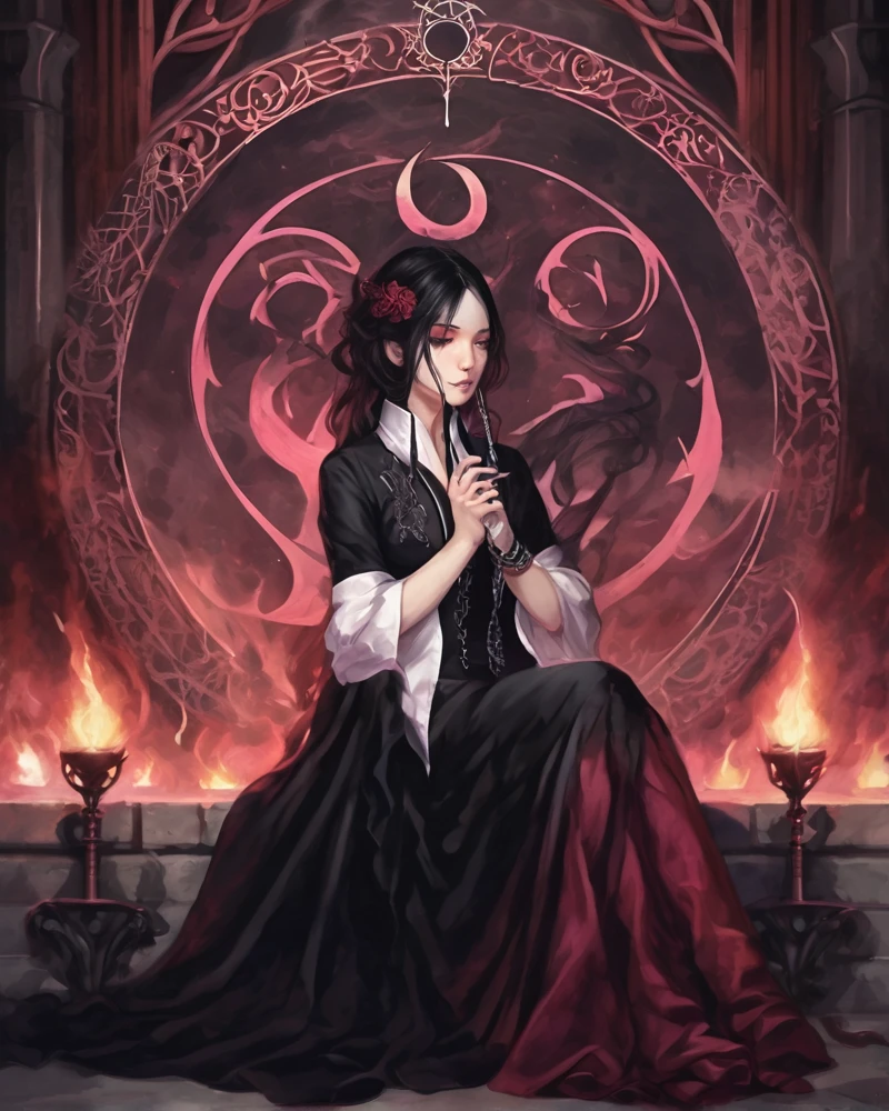 flute 1st gates of hell pain user Nasana Lust Naamah in Black and rose red dress with pressure from black flutes with with a dragon of moca diamond encircling the Flamel cross With silver symbol and moon symbol in water transmutation circle 