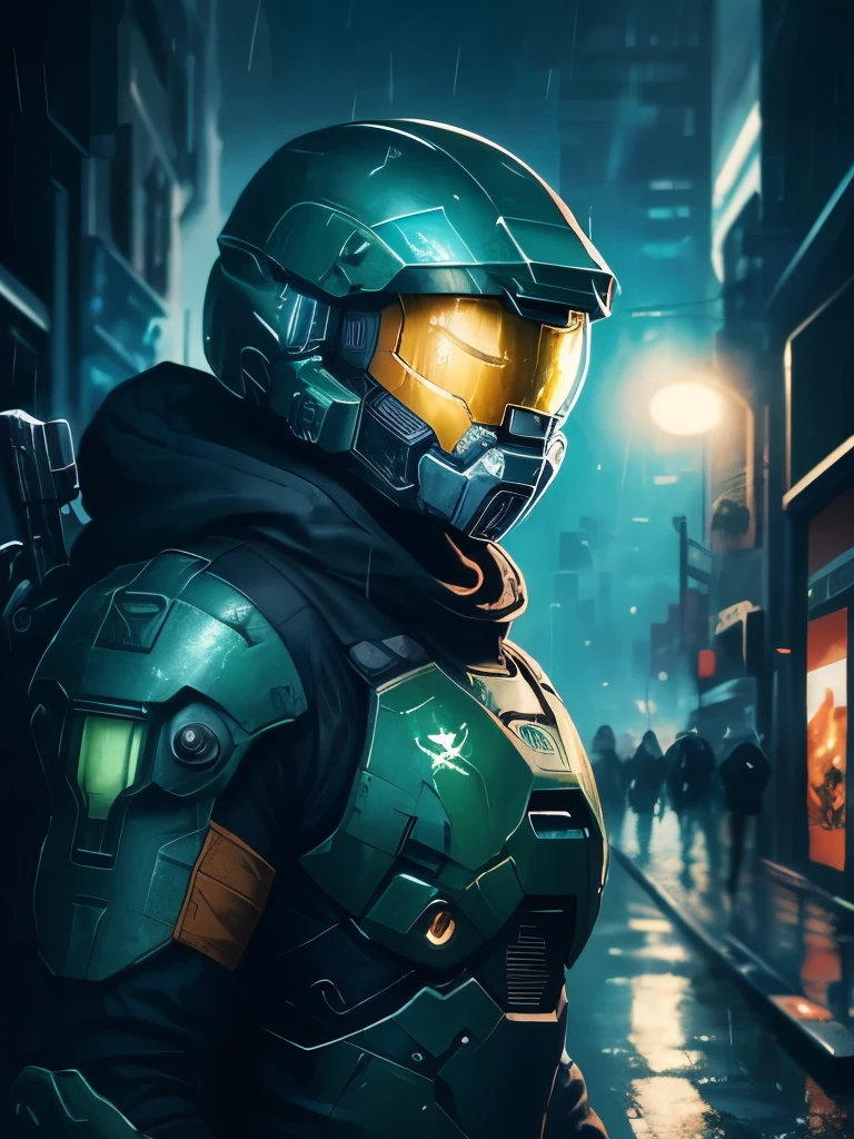 a close up of a person in a helmet in the rain, cyberpunk art by John La Gatta, tumblr, conceptual art, master chief, halo master chief, master chief from halo, halo infinite!!, master chief in cyberpunk city, vibrant fan art, halo, fantasy art of doom slayer, adam driver as master chief, epic art style, from doom and halo