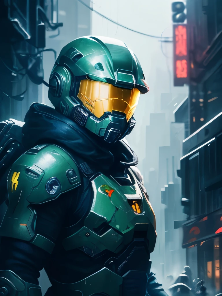 a close up of a person in a helmet in the rain, cyberpunk art by John La Gatta, tumblr, conceptual art, master chief, halo master chief, master chief from halo, halo infinite!!, master chief in cyberpunk city, vibrant fan art, halo, fantasy art of doom slayer, adam driver as master chief, epic art style, from doom and halo