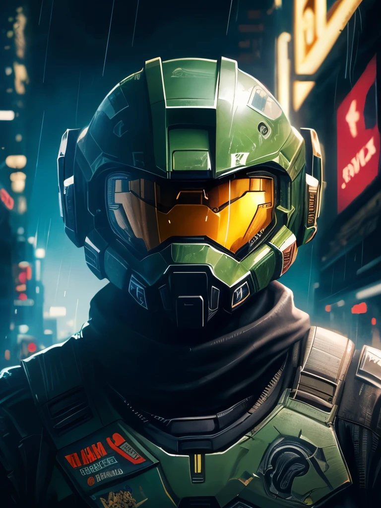 a close up of a person in a helmet in the rain, cyberpunk art by John La Gatta, tumblr, conceptual art, master chief, halo master chief, master chief from halo, halo infinite!!, master chief in cyberpunk city, vibrant fan art, halo, fantasy art of doom slayer, adam driver as master chief, epic art style, from doom and halo