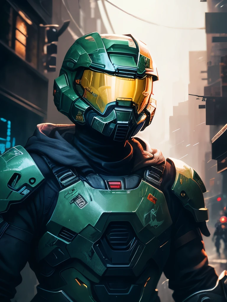 a close up of a person in a helmet in the rain, cyberpunk art by John La Gatta, tumblr, conceptual art, master chief, halo master chief, master chief from halo, halo infinite!!, master chief in cyberpunk city, vibrant fan art, halo, fantasy art of doom slayer, adam driver as master chief, epic art style, from doom and halo