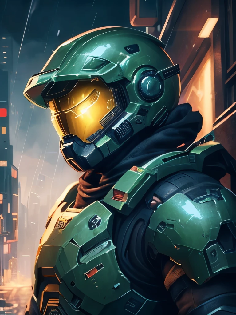 a close up of a person in a helmet in the rain, cyberpunk art by John La Gatta, tumblr, conceptual art, master chief, halo master chief, master chief from halo, halo infinite!!, master chief in cyberpunk city, vibrant fan art, halo, fantasy art of doom slayer, adam driver as master chief, epic art style, from doom and halo