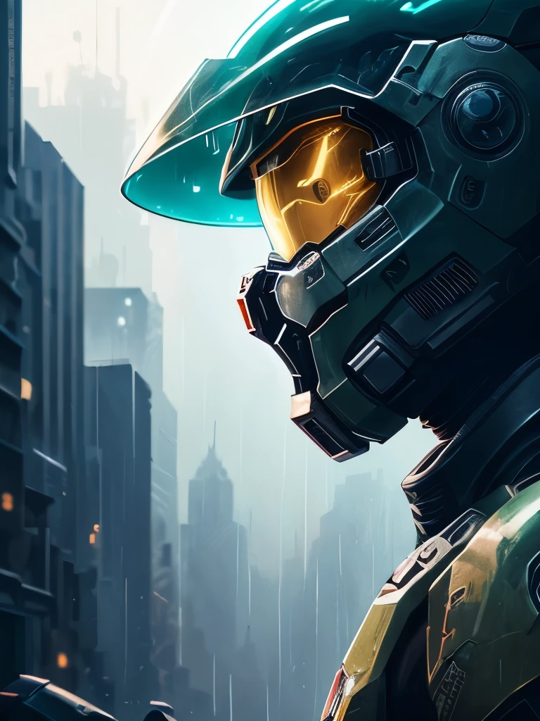 a close up of a person in a helmet in the rain, cyberpunk art by John La Gatta, tumblr, conceptual art, master chief, halo master chief, master chief from halo, halo infinite!!, master chief in cyberpunk city, vibrant fan art, halo, fantasy art of doom slayer, adam driver as master chief, epic art style, from doom and halo