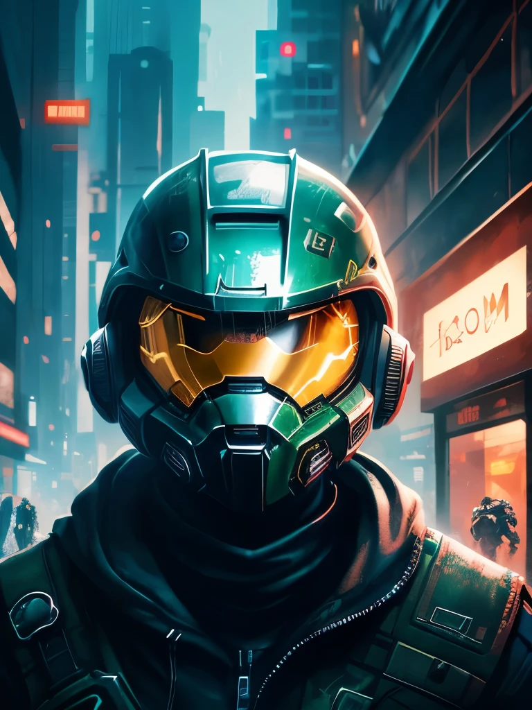 a close up of a person in a helmet in the rain, cyberpunk art by John La Gatta, tumblr, conceptual art, master chief, halo master chief, master chief from halo, halo infinite!!, master chief in cyberpunk city, vibrant fan art, halo, fantasy art of doom slayer, adam driver as master chief, epic art style, from doom and halo