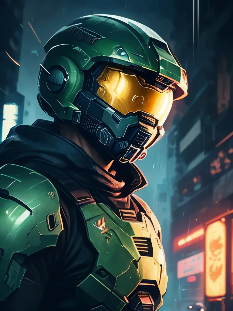 a close up of a person in a helmet in the rain, cyberpunk art by John La Gatta, tumblr, conceptual art, master chief, halo master chief, master chief from halo, halo infinite!!, master chief in cyberpunk city, vibrant fan art, halo, fantasy art of doom slayer, adam driver as master chief, epic art style, from doom and halo